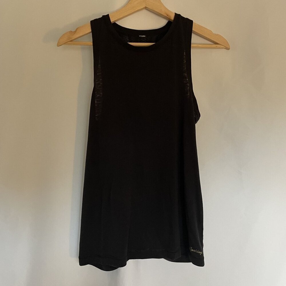 Spalding black tank top women's size medium sheer back tie detail workout